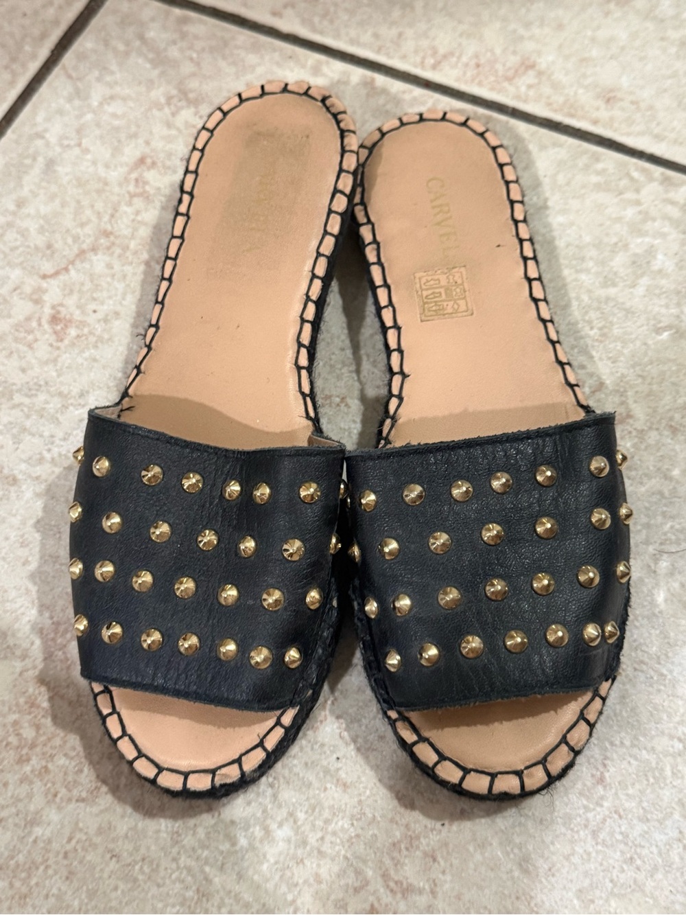 Carvela Black Studded Leather Espadrille Slide Sandals | Size 6 | Like New